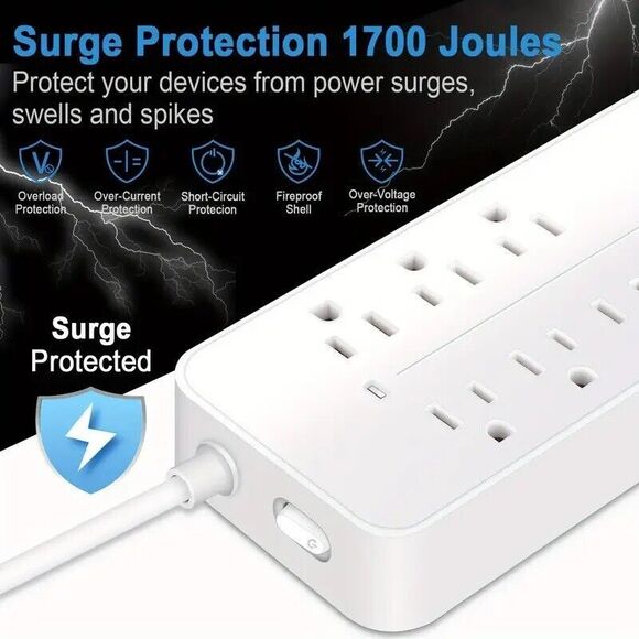 Surge Protector 8 AC Plug Power Strip 4 Foot Cord Outlets 3 USB & 1 USB-C Port - Picture 5 of 7